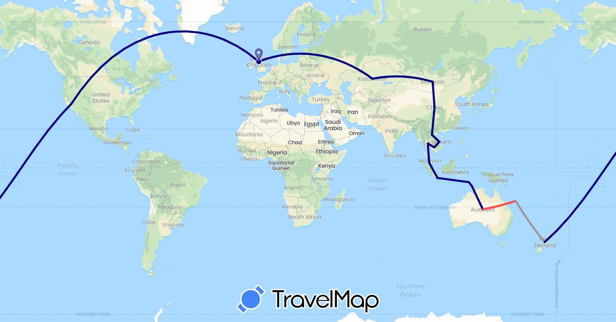 TravelMap itinerary: driving, plane, hiking in Australia, United Kingdom, Indonesia, Laos, Mongolia, Malaysia, New Zealand, Thailand, East Timor, United States (Asia, Europe, North America, Oceania)